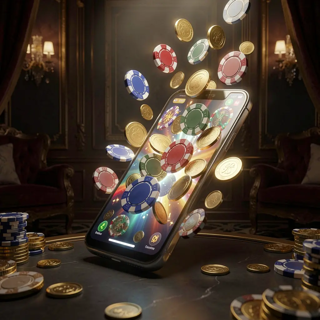 RUN77 online gaming app displayed on a smartphone screen glowing with casino chips and coins emerging, set against a luxury dark background with cinematic lighting in a high detail 3D render