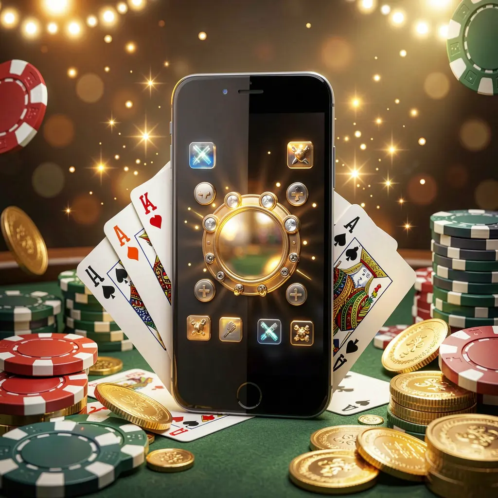 RUN77 mobile gaming application concept featuring a smartphone surrounded by playing cards, roulette chips, gold coins, and sparkling lights in a premium casino style