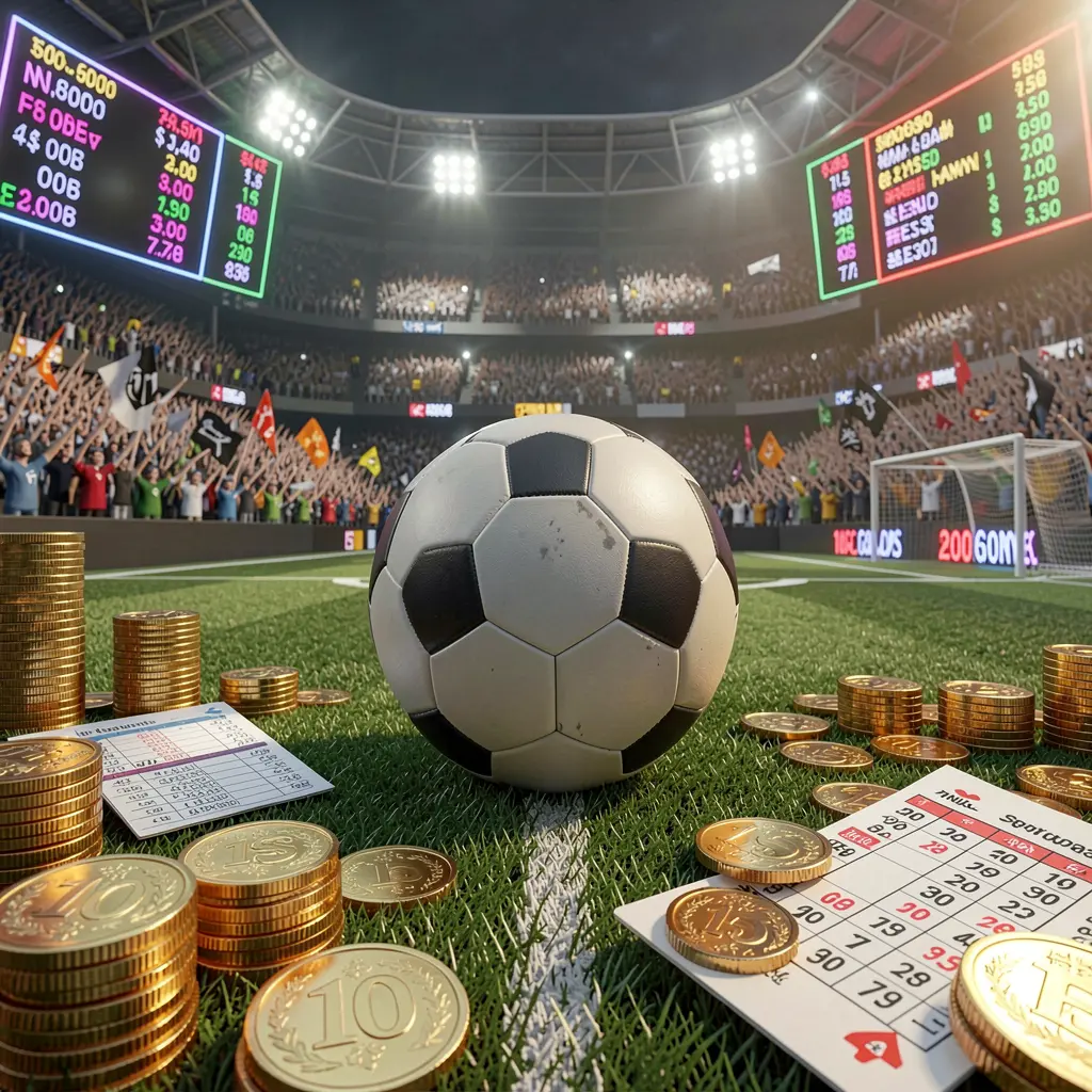 RUN77 premium sports betting scene featuring a football field with a stadium crowd, a soccer ball, golden coins, betting slip elements, and neon odds panels in a realistic high detail 3D render