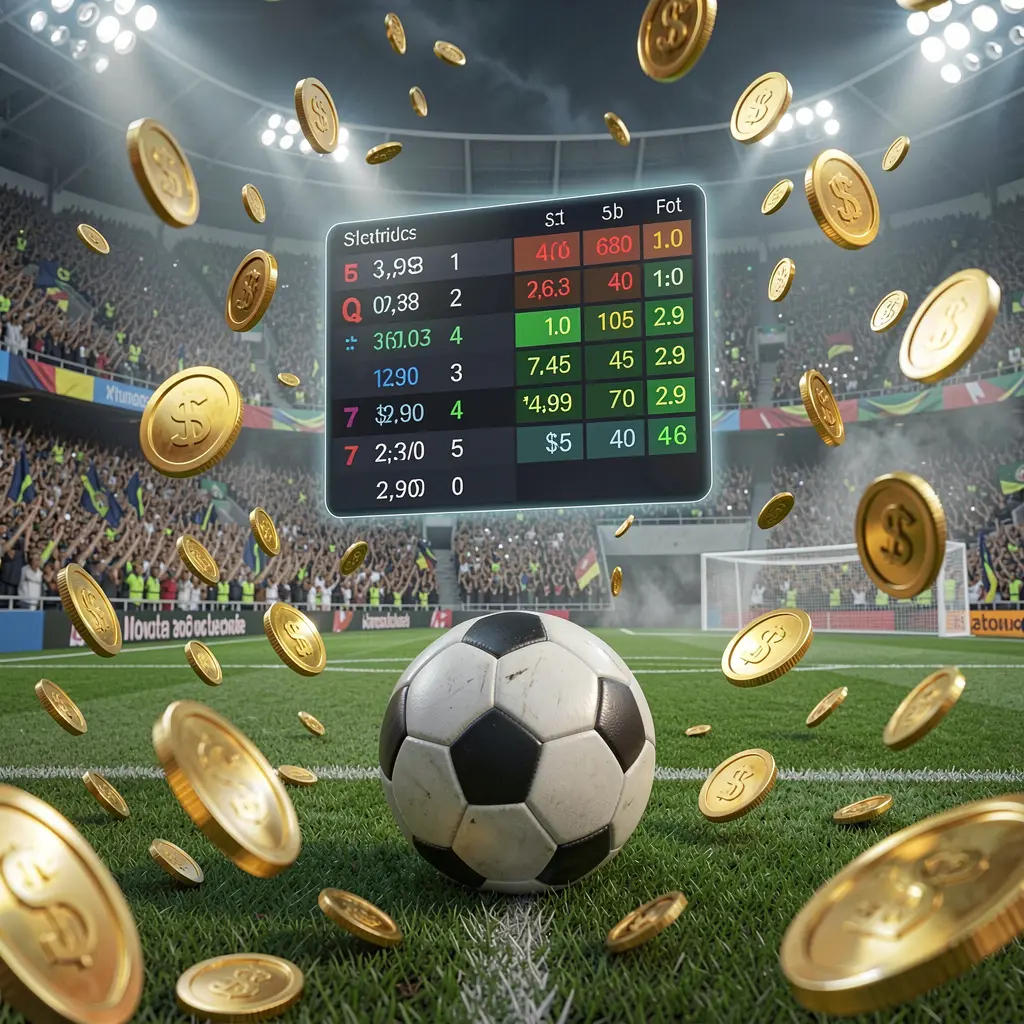 RUN77 sports betting page showing a packed football stadium with a soccer ball in the foreground, floating digital odds interface, and golden coins flying in a realistic 3D illustration