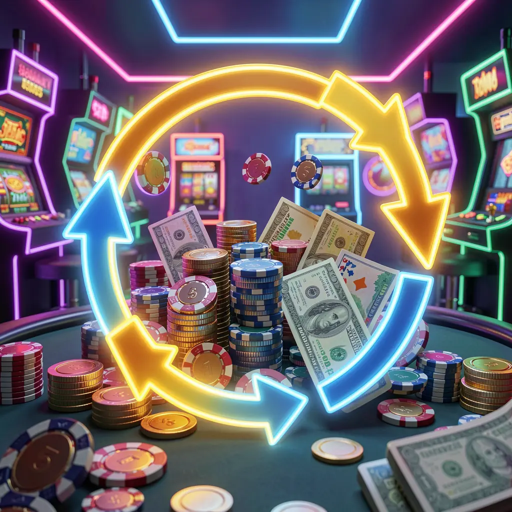 RUN77 reload bonus casino visual featuring glowing circular arrows around coins, chips, and cash with a modern neon casino background in a high detail 3D render