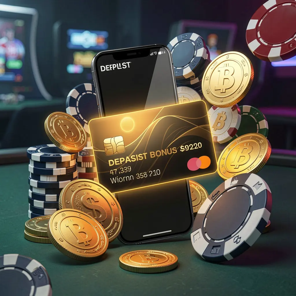 RUN77 deposit bonus concept featuring a smartphone wallet with a glowing payment card, surrounded by golden coins and poker chips in a modern mobile casino style