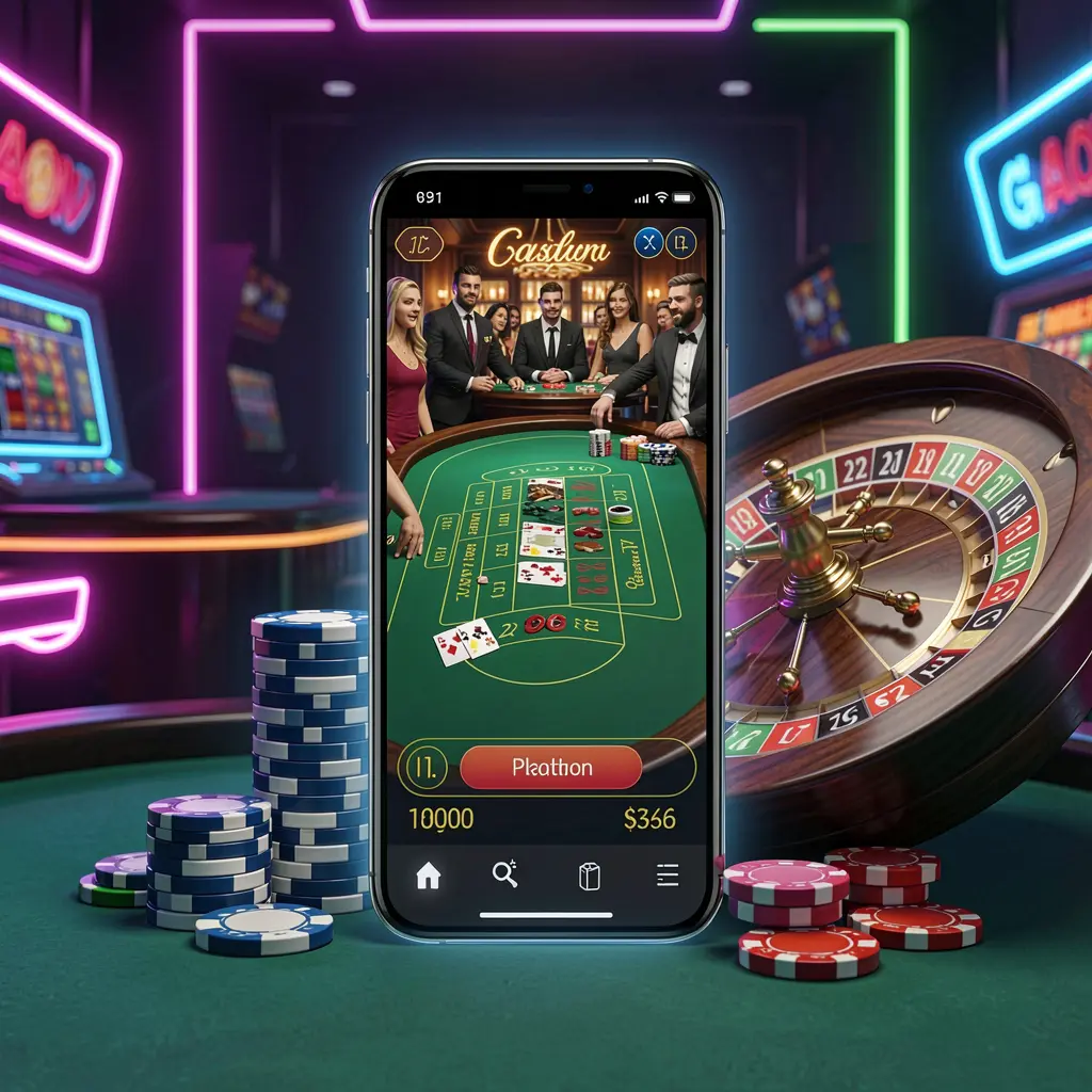 RUN77 online casino platform concept displayed on a smartphone with a glowing casino interface, surrounded by a roulette wheel and poker chips against a premium neon background in a 3D realistic render
