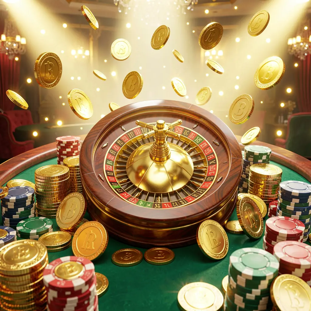 RUN77 casino jackpot scene featuring golden coins, colorful poker chips, and a roulette wheel under bright glowing lights in a luxury celebration atmosphere