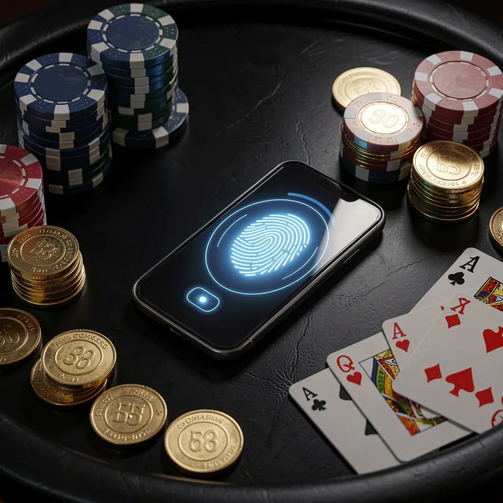 RUN77 online casino authentication concept showing a phone with fingerprint scan glow on a premium black table surrounded by poker chips, golden coins, and playing cards in a cinematic 3D render