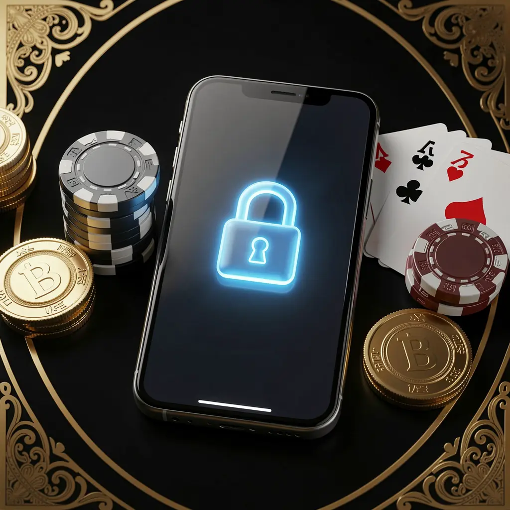 RUN77 secure casino account login concept showing a glowing lock icon on a smartphone screen with poker chips, playing cards, and golden coins nearby against an elegant black and gold background