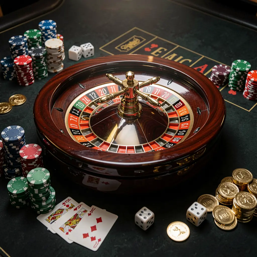 RUN77 premium casino homepage featuring a roulette wheel spinning on a glossy table surrounded by poker chips, dice, cards, and golden coins with an elegant dark background and cinematic lighting RUN77 premium casino homepage featuring a roulette wheel spinning on a glossy table surrounded by poker chips, dice, cards, and golden coins with an elegant dark background and cinematic lighting